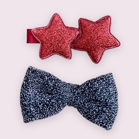 Accessories - Red Glitter Stars and Black and Silver Shimmer Hair Bow Hair Clips